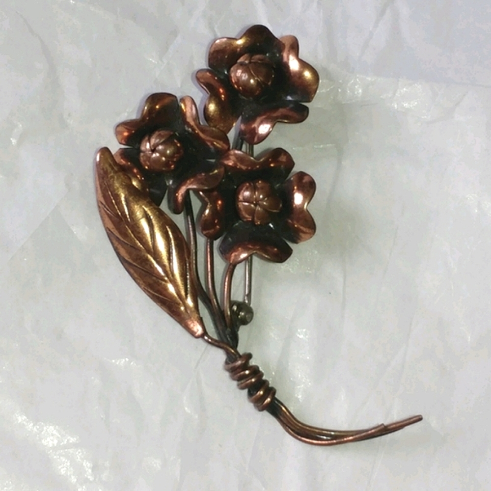 VINTAGE GENUINE COPPER TRIPLE FLOWER PIN - 2 1/2" LONG